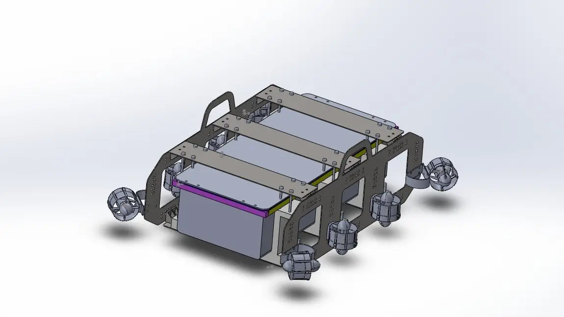 CAD model of ROVIO Version 3: an open frame around the electronics enclosure with eight thrusters.