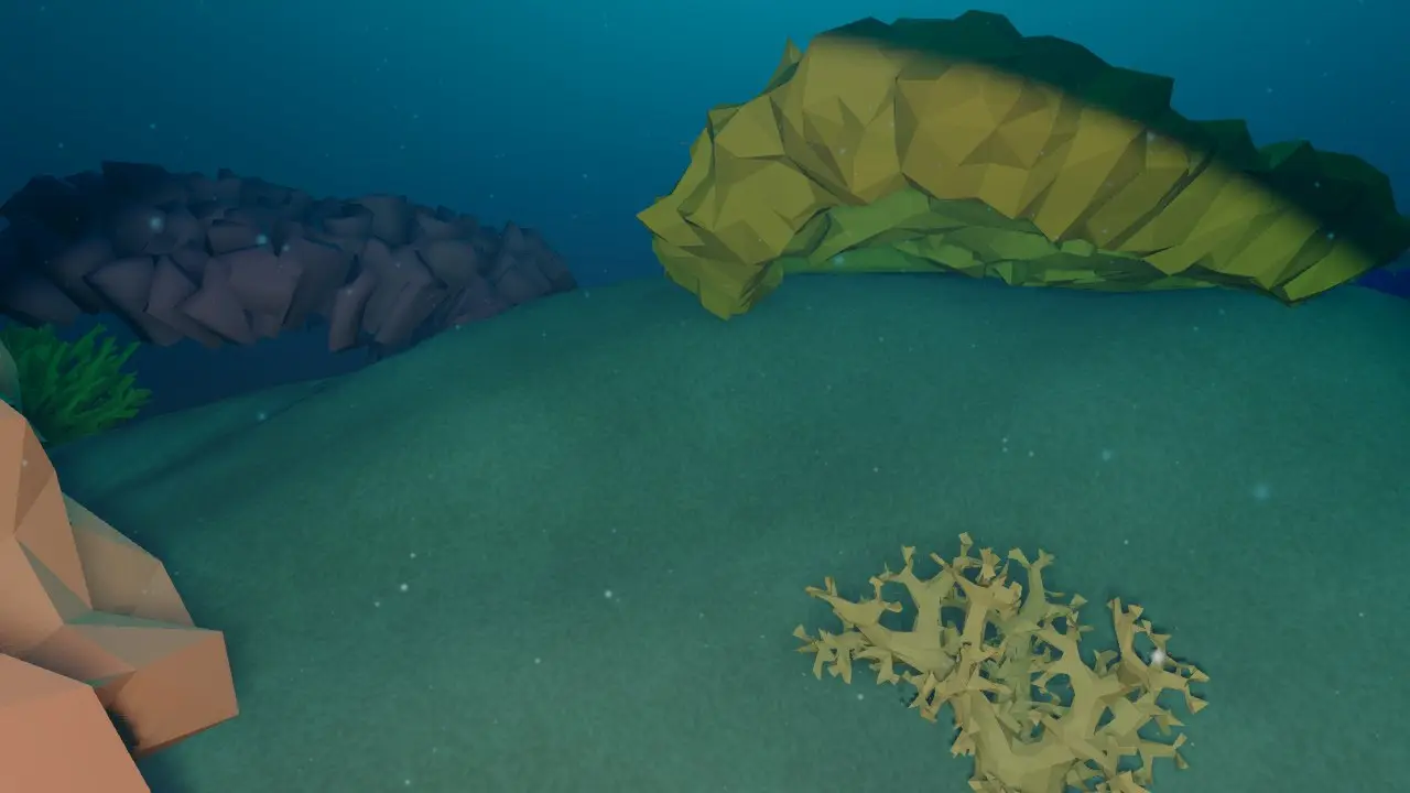 Forward camera at 12 m depth. Coral colours are chosen so a hue survives the absorption of red light.