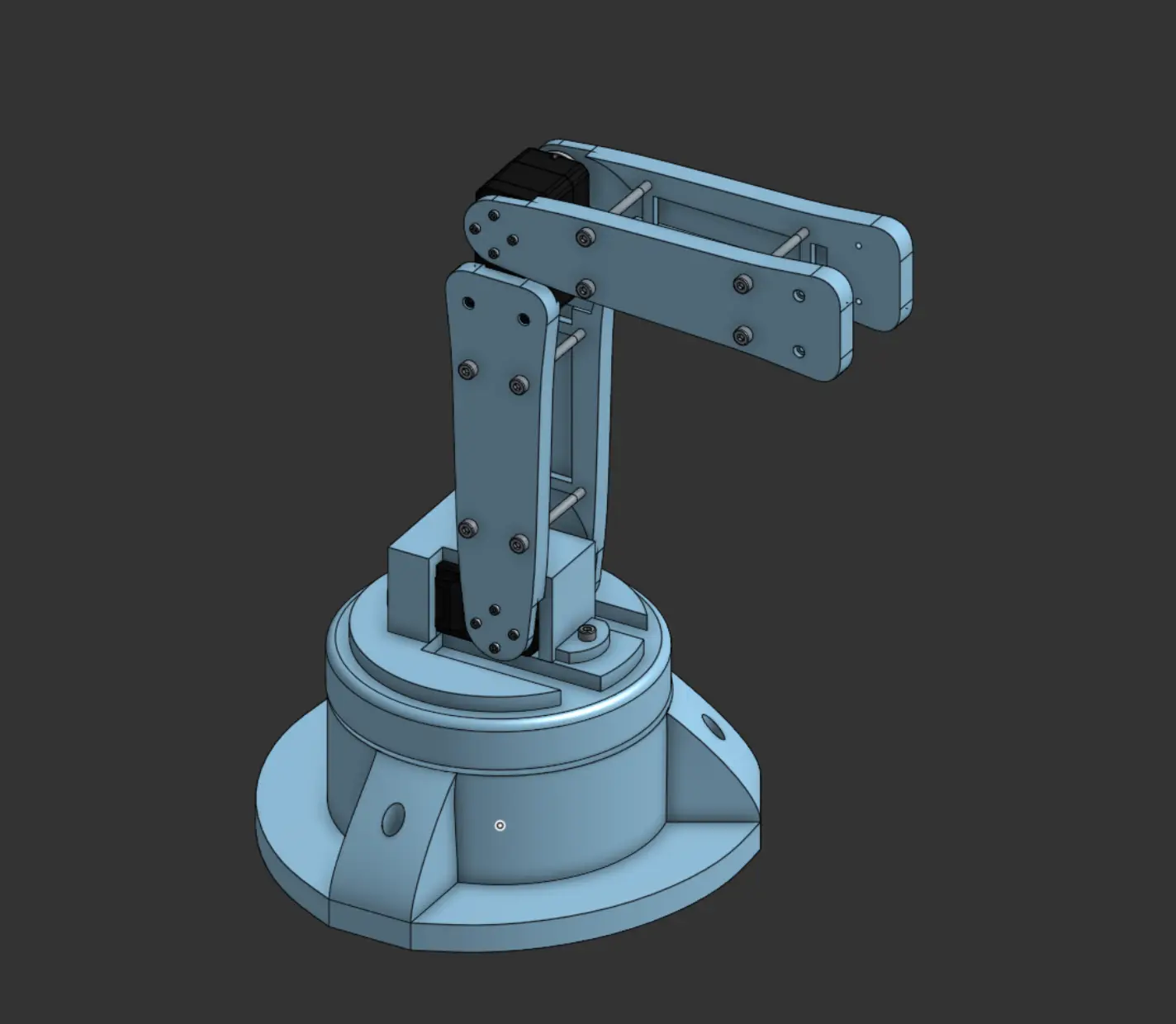 CAD render of the assembled 3R arm: turntable base, two link pairs, and end effector.