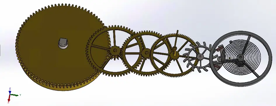 The complete mechanism from the mainspring barrel on the left, through the going train and escapement, to the balance on the right: thirteen unique parts on one line of centres.