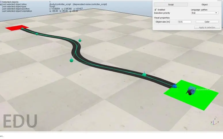 CoppeliaSim top-down view of the balancing bot's path, from a green start marker curving to a red pickup/drop point.