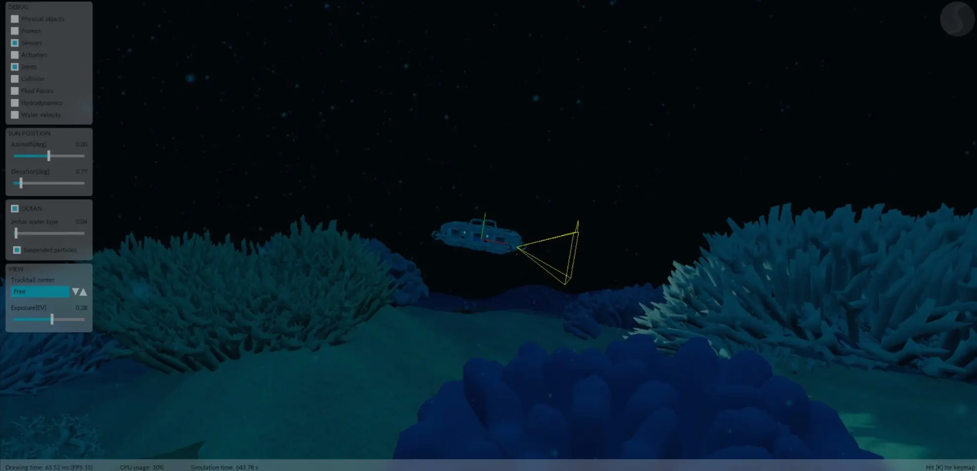 The vehicle above a coral reef produced by my generator: 33 procedural coral models of nine families, placed from a single layout file.