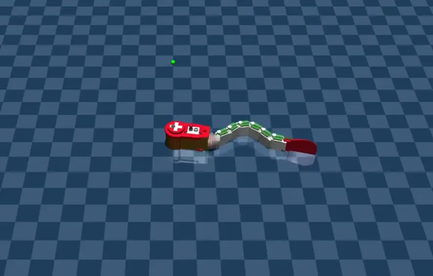ZBot's articulated body holding a traveling body wave in the MuJoCo viewer, next to a small green target marker.