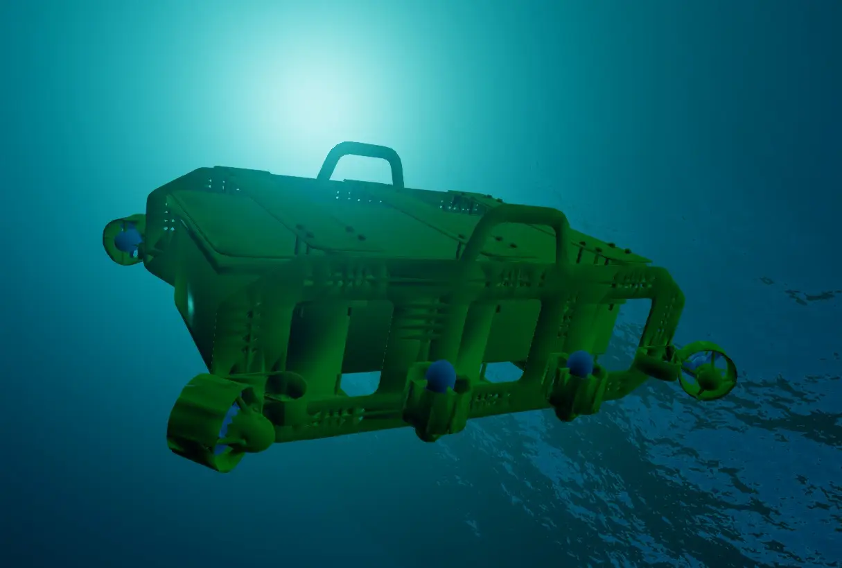 ROVIO in the simulator, seen from below in open water with sunlight overhead: the open frame, carry handles and thrusters.