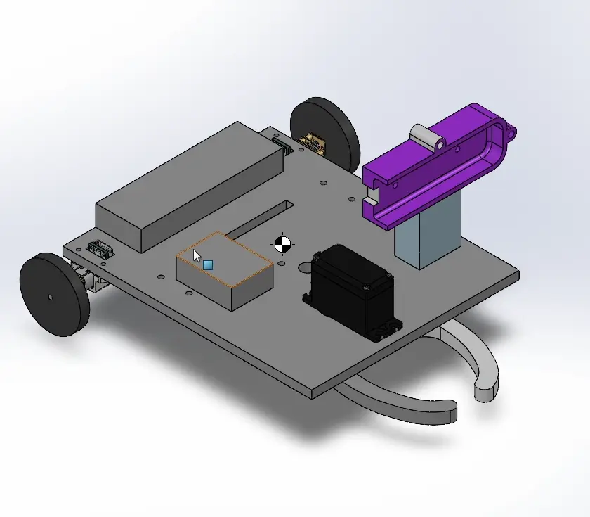 CAD model of Trident Version 2: differential drive with two N20 gearmotors, caging gripper, and depth camera mount.