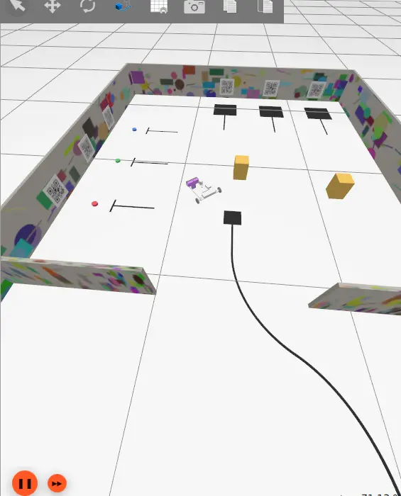 Trident simulated in Gazebo inside the competition arena with textured walls for visual SLAM, colored coins, and unmapped obstacle boxes.